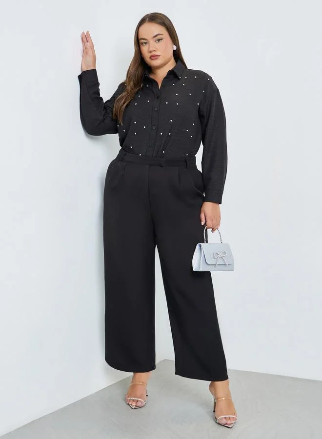 Styli Plus Size Women Black Wide Leg Trousers